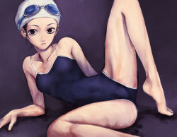 Rule 34 | 1girl, barefoot, feet, flat chest, goggles, iwai ryou, one-piece swimsuit, school swimsuit, small breasts, solo, spread legs, swim cap, swimsuit