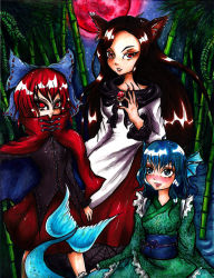 Rule 34 | 3girls, animal ears, ayato nyaa, bamboo, bamboo forest, blue eyes, blue hair, blush, bow, cape, covered mouth, dress, facepaint, fins, forest, full moon, hair bow, head fins, highres, imaizumi kagerou, japanese clothes, kimono, long hair, mermaid, monster girl, moon, multiple girls, nature, night, red eyes, red hair, red moon, sekibanki, shirt, short hair, skirt, sky, star (sky), starry sky, touhou, wakasagihime, wolf ears