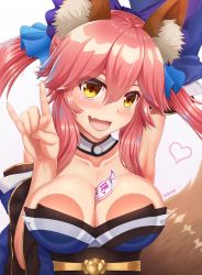 Rule 34 | 10s, 1girl, absurdres, against glass, animal ears, between breasts, blush, breast press, breasts, cleavage, collarbone, detached sleeves, fang, fate/extra, fate/grand order, fate (series), fox ears, fox shadow puppet, fox tail, heart, highres, japanese clothes, large breasts, long hair, looking at viewer, ofuda, open mouth, pink hair, simple background, solo, tail, tamamo (fate), tamamo no mae (fate/extra), white background, yanows, yellow eyes