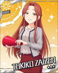 Rule 34 | 1girl, brown eyes, brown hair, character name, idolmaaster, idolmaster, idolmaster cinderella girls, jewelry, long hair, necklace, orange background, solo, sparkle, zaizen tokiko