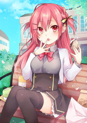 Rule 34 | 1girl, bento, blue sky, blush, breasts, cake, chopsticks, commentary request, day, food, food on face, hair between eyes, hair ornament, hair ribbon, hairclip, hand on own face, highres, holding, holding cake, holding food, kuroi (liar-player), long hair, looking at viewer, medium breasts, moe2019, on bench, open mouth, original, outdoors, pink eyes, pink hair, pink ribbon, ribbon, school uniform, sitting, sky, solo, thighhighs, two side up, very long hair, zettai ryouiki