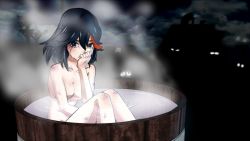 Rule 34 | 10s, 1girl, barrel, bath, bathing, black hair, blue eyes, breasts, bruise, cleavage, covering own mouth, crying, drum (container), genya (genya67), hand over own mouth, highres, in container, injury, kill la kill, matoi ryuuko, multicolored hair, night, nude, red hair, short hair, sitting, solo focus, steam, tears, two-tone hair, voyeurism, water