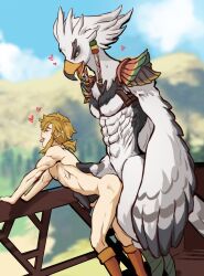 2boys abs absurdres anal artist_name bird_boy blonde_hair blurry blurry_background blush boots brown_footwear day from_side heart highres idoraad knee_boots link male_penetrated mountain multiple_boys nintendo nude open_mouth outdoors ponytail sex shiny_skin teba_(zelda) the_legend_of_zelda the_legend_of_zelda:_tears_of_the_kingdom tongue tongue_out wings yaoi