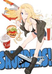 Rule 34 | 1girl, ;), aircraft, airplane, bikini, bikini top only, bikini under clothes, black bikini, blonde hair, blue eyes, blue footwear, blue shorts, breasts, brown jacket, burger, cleavage, commentary, cup, denim, denim shorts, disposable cup, drinking straw, emblem, english text, food, french fries, girls und panzer, grin, hair intakes, highres, jacket, kay (girls und panzer), large breasts, leaning forward, long hair, long sleeves, looking at viewer, military, military uniform, muteki soda, off shoulder, one eye closed, open clothes, open jacket, patch, pizza, popcorn, saunders military uniform, short shorts, shorts, shoulder patch, smile, solo, standing, star (symbol), swimsuit, text background, uniform, w