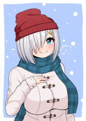Rule 34 | 1girl, beanie, blue eyes, blue scarf, breasts, cardigan, closed mouth, coat, commentary, cropped torso, duffel coat, english commentary, hair ornament, hair over one eye, hairclip, hamakaze (kancolle), hand on own chest, hat, highres, impossible clothes, kantai collection, large breasts, looking at viewer, red hat, scarf, short hair, silver hair, simple background, smile, snowing, solo, striped clothes, striped scarf, the only shoe, upper body, winter clothes