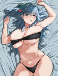 Rule 34 | 1girl, alternate costume, arms up, bandeau, bed sheet, bikini, black bikini, blue eyes, blue hair, blush, breasts, cleavage, commentary, cowboy shot, curvy, from above, green hat, hair between eyes, hair bobbles, hair ornament, hat, highres, kawashiro nitori, large breasts, looking at viewer, medium hair, megame (okbnkn), navel, on bed, open mouth, skindentation, solo, stomach, swimsuit, thighs, touhou, twintails