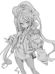 Rule 34 | 1girl, antenna hair, armband, blue archive, bow, buttons, collared shirt, commentary, contrapposto, expressionless, fubuki (blue archive), greyscale, hair bow, hair ornament, hand up, hat, hatching (texture), heart, heart hair ornament, high collar, highres, jacket, jitaso, linear hatching, long hair, long sleeves, looking at viewer, monochrome, multiple hair bows, necktie, no halo, open clothes, open hand, open jacket, pantyhose, peaked cap, pencil skirt, police, police badge, police hat, police uniform, shirt, simple background, skirt, solo, twintails, uniform, vest, walkie-talkie