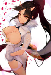 Rule 34 | 1girl, ass, breasts, brown hair, center opening, cleavage, female focus, fur trim, hand fan, highres, horns, large breasts, long hair, parted lips, pochi (pochi-goya), ponytail, simple background, solo, very long hair, white background, yellow eyes