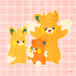 Rule 34 | animal focus, arm at side, arms up, artist name, blush stickers, brown eyes, closed mouth, creatures (company), evolutionary line, eye contact, full body, game freak, hand on another&#039;s shoulder, hand to own mouth, hand up, happy, highres, looking at another, looking at viewer, nintendo, no humans, open mouth, orange hair, outline, pawmi, pawmo, pawmot, pawpads, plaid, plaid background, pokemon, pokemon (creature), red background, short hair, signature, smile, standing, uta (pixiv 4699580), white outline