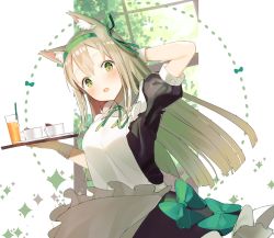 Rule 34 | 1girl, animal ear fluff, animal ears, arm behind head, arm up, black dress, blush, bow, brown hair, cat ears, commentary request, cup, dress, drinking, drinking glass, drinking straw, green bow, green eyes, green hairband, green ribbon, hair between eyes, hair ribbon, hairband, highres, holding, holding tray, idemitsu, long hair, looking at viewer, maid, neck ribbon, open mouth, original, puffy short sleeves, puffy sleeves, ribbon, saucer, short sleeves, solo, tray, very long hair, wrist cuffs