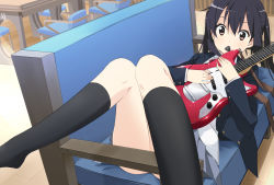 Rule 34 | 1girl, bad id, bad pixiv id, black hair, brown eyes, electric guitar, fender (company), fender mustang, guitar, highres, instrument, k-on!, long hair, mousou (mousou temporary), mustang, nakano azusa, no shoes, school uniform, socks, solo, twintails