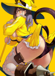 Rule 34 | 1girl, ass, black hair, black one-piece swimsuit, blush, bow, breasts, brown footwear, commentary request, demon girl, demon horns, demon tail, from behind, hat, hat bow, high heels, highres, holding, holding staff, horns, jacket, kekemotsu, large breasts, long sleeves, looking at viewer, looking back, multicolored clothes, multicolored swimsuit, one-piece swimsuit, open clothes, open jacket, open mouth, original, pouch, puffy long sleeves, puffy sleeves, sideboob, simple background, solo, staff, swimsuit, tail, thighhighs, thighs, track jacket, white bow, white thighhighs, witch hat, yellow background, yellow eyes, yellow jacket, yellow one-piece swimsuit, yellow theme