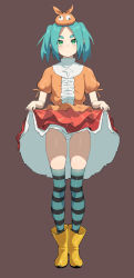Rule 34 | 1girl, absurdres, aqua hair, blush, boots, brown background, closed mouth, clothes lift, commentary request, full body, googly eyes, green eyes, hat, highres, lifted by self, looking at viewer, monogatari (series), ononoki yotsugi, orange hat, orange shirt, panties, q haoyu, red skirt, rubber boots, shirt, short twintails, simple background, skirt, skirt lift, solo, standing, striped clothes, striped thighhighs, thighhighs, twintails, underwear, white panties, yellow footwear