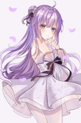 Rule 34 | 1girl, absurdres, azur lane, bow, commentary request, detached sleeves, dress, eyes visible through hair, hair between eyes, hair bow, hair bun, hair ornament, hair ribbon, highres, long hair, looking at viewer, muki (muki kunxd), one side up, pantyhose, petals, puffy detached sleeves, puffy sleeves, purple eyes, purple hair, ribbon, side bun, sidelocks, simple background, single hair bun, single side bun, smile, solo, strapless, strapless dress, twisted torso, unicorn (a dream of pure vows) (azur lane), unicorn (azur lane), wedding dress, white background, white dress, white pantyhose