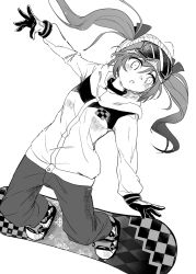 Rule 34 | 1girl, alternate costume, argyle, balancing, beanie, commentary request, full body, gloves, goggles, greyscale, hat, highres, himekaidou hatate, jacket, monochrome, naegi (naegidokoro), open mouth, pants, ribbon, shoes, snowboard, snowboarding, solo, touhou, turtleneck, twintails, white background, winter clothes