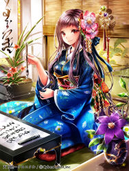 Rule 34 | blue kimono, brown hair, calligraphy, calligraphy brush, floral print, flower, hair flower, hair ornament, hair stick, hanging scroll, hobak, indoors, japanese clothes, kimono, long hair, looking at viewer, official art, paintbrush, pillow, plant, potted plant, purple flower, red eyes, scroll, seiza, sitting, sliding doors, solo, sparkle, table, tenka touitsu chronicle, vase, watermark