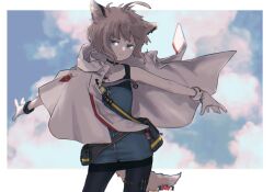 Rule 34 | 1girl, ahoge, animal ears, arknights, artist name, bag, black choker, black pantyhose, black skirt, blue eyes, blue sky, border, bracelet, choker, chromatic aberration, closed mouth, cloud, cloudy sky, collarbone, commentary, contrapposto, cowboy shot, cross, fanny pack, floating hair, fox ears, fox girl, fox tail, gloves, half-closed eyes, highres, hood, hood down, hooded jacket, infection monitor (arknights), jacket, jacket on shoulders, jewelry, light blush, light smile, looking at viewer, material growth, miniskirt, niwatori (akira 207), oripathy lesion (arknights), outside border, outstretched arms, pantyhose, red cross, shirt, short hair, shoulder bag, skirt, sky, sleeveless, sleeveless shirt, solo, spaghetti strap, spread arms, sussurro (arknights), tail, thigh strap, white border, white gloves, white jacket, wind, zipper