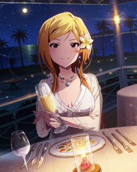 Rule 34 | 10s, 1girl, alcohol, beach, bracelet, brown eyes, brown hair, champagne, flower, full moon, hair flower, hair ornament, idolmaster, idolmaster million live!, jewelry, long hair, looking at viewer, momose rio, moon, necklace, official art, palm tree, sky, solo, star (sky), starry sky, tree