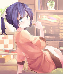 Rule 34 | 1girl, alternate costume, blue eyes, blue hair, food, food in mouth, from behind, hair ornament, hairclip, holding, holding food, indoors, kantai collection, looking at viewer, planter, pocky day, ponytail, shirt, short hair, sitting, solo, souryuu (kancolle), taisho (gumiyuki), television