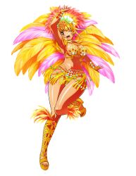 Rule 34 | 1girl, absurdres, arm up, blonde hair, blush, breasts, brown eyes, earrings, feathers, full body, gem, gingira paradise mugen carnival, headdress, high heels, highres, jewelry, large breasts, long hair, non-web source, official art, one eye closed, open mouth, photoshop (medium), platform footwear, samba, shiny skin, solo, sweat, teeth, transparent background, upper teeth only
