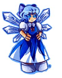Rule 34 | 1girl, blue hair, blue outline, bow, chibi, cirno, dress, flat chest, hair bow, ice, ice wings, long dress, outline, puffy short sleeves, puffy sleeves, red ribbon, renata greynoria, ribbon, short hair, short sleeves, touhou, transparent background, white footwear, wings