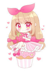 Rule 34 | 1girl, bloomers, blush, bow, closed mouth, cupcake, dress, food, fruit, hair bow, hair ribbon, heart, himetsuki luna, holding, holding food, holding fruit, light brown hair, long hair, original, pink bow, pink dress, pink eyes, pink footwear, pink ribbon, puffy short sleeves, puffy sleeves, ribbon, short sleeves, simple background, sitting, smile, solo, strawberry, striped clothes, striped dress, underwear, vertical-striped clothes, vertical-striped dress, very long hair, white background, white bloomers