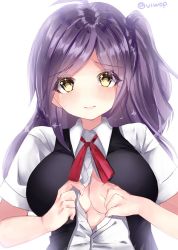 Rule 34 | 1girl, ahoge, black vest, blush, breasts, closed mouth, collared shirt, eyebrows, eyes visible through hair, hagikaze (kancolle), kantai collection, large breasts, long hair, looking at viewer, neckerchief, no bra, open clothes, purple hair, shirt, short sleeves, simple background, solo, twitter username, vest, viwop, white background, white shirt, yellow eyes