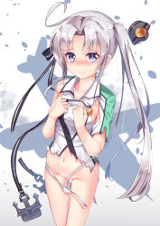 Rule 34 | 10s, 1girl, akitsushima (kancolle), convenient censoring, hair censor, kantai collection, long hair, panties, panty pull, purple eyes, revision, side ponytail, silver hair, solo, tears, torn clothes, torn panties, underwear, uniform, white panties, yan (nicknikg)