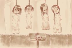 Rule 34 | 4girls, amputee, braid, breasts, closed eyes, corpse, death, dismemberment, empty eyes, execution, guro, hanged, mao ling dang, monochrome, multiple girls, navel, nipples, nude, open clothes, original, pregnant, pussy, quadruple amputee, saliva, short hair, small breasts, snuff, tears, twin braids, twintails