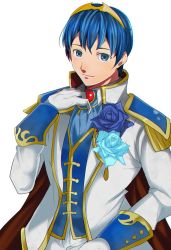 Rule 34 | 1boy, blue eyes, blue hair, cape, european clothes, fire emblem, fire emblem: mystery of the emblem, fire emblem: new mystery of the emblem, fire emblem: shadow dragon, fire emblem: shadow dragon and the blade of light, fire emblem warriors, flower, gloves, groom, looking at viewer, male focus, marth (fire emblem), nintendo, rem (eyes 410), rose, simple background, smile, solo, tiara, white background