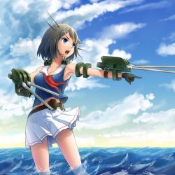 Rule 34 | 10s, 1girl, armpits, blue eyes, brown hair, cloud, day, ebiblue, gloves, hair ornament, hairclip, headgear, kantai collection, machinery, maya (kancolle), ocean, open mouth, pointing, short hair, skirt, sky, solo, turret, water