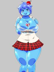 Rule 34 | 1girl, blue eyes, blue hair, blush, breasts, cherry, cleavage, curvy, food, fruit, heart, highres, large breasts, monster girl, slime girl, solo, squarewave, thick thighs, thighs, wide hips