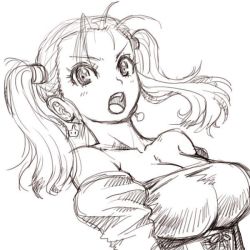 Rule 34 | 1girl, amania orz, bare shoulders, blush, breasts, cleavage, dragon quest, dragon quest viii, earrings, female focus, jessica albert, jewelry, large breasts, long hair, looking at viewer, monochrome, open mouth, solo, square enix, twintails, upper body, white background