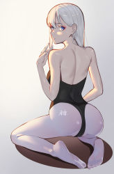 Rule 34 | 1girl, absurdres, ass, back, bare arms, black leotard, blue eyes, chun&#039;ai zhanshen milili, closed mouth, feet, full body, gradient background, hair between eyes, highres, leotard, long hair, looking at viewer, looking back, no shoes, original, pantyhose, soles, solo, toes, white hair, white pantyhose