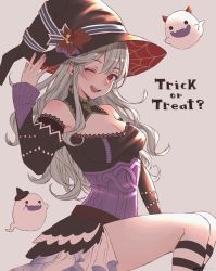 Rule 34 | 1girl, bad id, bad twitter id, breasts, cleavage, corrin (female) (fire emblem), corrin (fire emblem), detached collar, fire emblem, fire emblem fates, fire emblem heroes, ghost, grey background, halloween costume, hat, highres, hoshido1214, long hair, long sleeves, medium breasts, nintendo, one eye closed, open mouth, pointy ears, red eyes, simple background, solo, trick or treat, white hair, witch hat