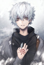 Rule 34 | 1boy, black sweater, claw ring, command spell, earrings, fate/grand order, fate (series), fur trim, grey sweater, hand on own chest, high collar, highres, jewelry, kadoc zemlupus, kizashima shizaki, looking at viewer, male focus, neck piercing, parted lips, short hair, snowing, solo, sweater, upper body, white hair, yellow eyes