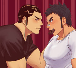 Rule 34 | 2boys, araki gennosuke, black hair, black shirt, blouse, blush, chocolate, domodomoch, eye contact, eyebrow cut, facial hair, from side, hairstyle request, hinomaru zumou, kunisaki chihiro, looking at another, male focus, mouth hold, multiple boys, muscular, red background, shirt, sideburns, simple background, spiked hair, striped, striped background, stubble, t-shirt, thick eyebrows, upper body, vertical stripes, white shirt, yaoi
