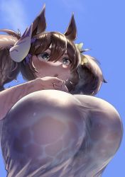 Rule 34 | 1girl, animal ears, blue background, bow, breasts, brown hair, fang, fox mask, from below, green eyes, hair between eyes, hair ornament, hand on own chin, highres, horse ears, horse girl, huge breasts, inari one (umamusume), mask, mask on head, open mouth, see-through, see-through shirt, shirt, simple background, sky, solo, sweat, todakenji, twintails, umamusume, wet, wet clothes, wet shirt, yellow bow