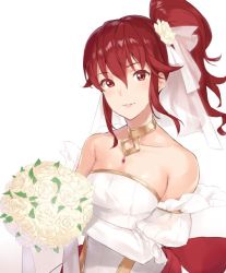 Rule 34 | 1girl, anna (fire emblem), blush, dress, fire emblem, fire emblem heroes, gloves, ichikei, light smile, long hair, looking at viewer, nintendo, official alternate costume, ponytail, red eyes, red hair, simple background, smile, solo, wedding dress, yomo (majidon)
