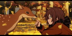 Rule 34 | 1girl, animal, arisa (aren), artist name, black scarf, blurry, blurry background, blush, brown eyes, brown hair, brown sweater, close-up, commentary, falling leaves, forest, from side, hand up, leaf, letterboxed, long sleeves, looking ahead, looking at animal, nature, original, outdoors, plant, profile, reindeer, scarf, short hair, signature, smile, solo, sweater, tree, unfinished