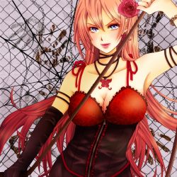 Rule 34 | 1girl, alternate costume, arm up, armpits, artist request, bad id, bad pixiv id, blue eyes, breasts, bustier, chain-link fence, chain, cleavage, collarbone, earrings, elbow gloves, fence, flower, gloves, hair flower, hair ornament, handprint, jewelry, large breasts, lips, long hair, megurine luka, necklace, pendant, pink hair, silk, single glove, solo, spaghetti strap, spider web, tono hito, upper body, vocaloid, whip, zipper