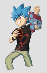 Rule 34 | 1boy, black wristband, blue hair, card, chain, character request, choker, clenched hand, commentary request, duel disk, green pants, grin, hair between eyes, holding, holding card, koma yoichi, male focus, pants, red eyes, shirt, short hair, short sleeves, smile, solo, spiked hair, t-shirt, wristband, yu-gi-oh!, yu-gi-oh! sevens