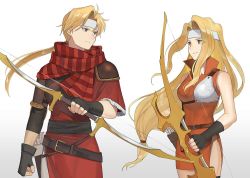 Rule 34 | 1boy, 1girl, blonde hair, bow (weapon), brigid (fire emblem), fire emblem, fire emblem: genealogy of the holy war, fire emblem: mystery of the emblem, headband, jeorge (fire emblem), nintendo, scarf, simple background, striped clothes, striped scarf, tagme, weapon, white background