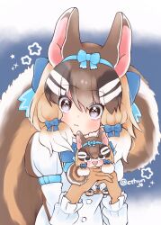 Rule 34 | 1girl, absurdres, animal ears, blue background, brown eyes, brown hair, chipmunk ears, chipmunk girl, chipmunk tail, cthun n, extra ears, gloves, highres, kemono friends, kemono friends v project, looking at viewer, ribbon, shirt, short hair, siberian chipmunk (kemono friends), simple background, solo, stuffed toy, tail, vest, virtual youtuber