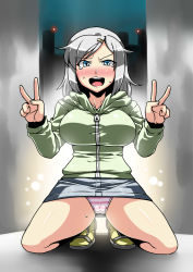 Rule 34 | 1girl, alley, blue eyes, blush, breasts, building, cameltoe, double v, fictional persona, highres, hood, hooded jacket, jacket, large breasts, looking at viewer, night, open mouth, original, panties, pantyshot, sandals, short hair, silver hair, skirt, socks, solo, striped clothes, striped panties, tears, tukiwani, underwear, upskirt, v