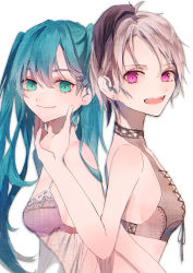 Rule 34 | 2girls, absurdres, aqua eyes, aqua hair, back-to-back, bikini, bikini top only, black bikini, closed mouth, flower (vocaloid), flower (vocaloid4), hand on another&#039;s chin, hand up, hatsune miku, highres, holding, huge filesize, karanagare, lace bikini, long hair, looking at viewer, multicolored hair, multiple girls, open mouth, pink bikini, purple eyes, purple hair, short hair, smile, streaked hair, swimsuit, twintails, upper body, vocaloid, white hair