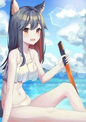 Rule 34 | 1girl, absurdres, animal ear fluff, animal ears, arknights, bare shoulders, bikini, black hair, blush, brown eyes, cloud, cloudy sky, commentary request, day, fang, from side, gloves, hair between eyes, highres, holding, jacket, long hair, looking at viewer, multicolored hair, navel, outdoors, puto (put to ), red hair, see-through, sitting, sky, smile, solo, swimsuit, texas (arknights), two-tone hair, white bikini, wolf ears