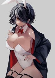 Rule 34 | 1girl, aaoshigatoutoi, animal ears, bare shoulders, black hair, black jacket, black nails, black thighhighs, bow, bowtie, breasts, character request, cigarette, cleavage, collarbone, commentary, contrapposto, covered navel, cowboy shot, detached collar, ear piercing, fake animal ears, fingernails, groin, hair between eyes, hair over one eye, hand on own hip, highleg, highleg leotard, highres, holding, holding lighter, jacket, large breasts, leotard, lighter, lighting cigarette, long fingernails, long hair, long sleeves, looking at viewer, messy hair, mouth hold, nail polish, o-ring, o-ring legwear, o-ring thigh strap, off shoulder, open clothes, open jacket, original, piercing, playboy bunny, rabbit ears, red bow, red bowtie, short hair, skindentation, smoke, smoking, solo, strapless, strapless leotard, symbol-only commentary, thigh strap, thighhighs, white leotard, yellow eyes, zippo lighter
