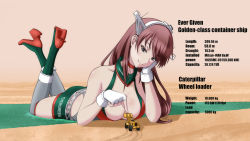 Rule 34 | 1girl, 73ro, ass, bare shoulders, blush, boots, breasts, brown hair, choker, cleavage, collarbone, egypt, english text, ever given (evergreen), evergreen marine corporation, feet up, fingerless gloves, full body, giant, giantess, gloves, grey eyes, grey thighhighs, hand on own face, high heel boots, high heels, large breasts, legs, legs up, long hair, lying, medium breasts, on stomach, original, outdoors, partially submerged, personification, poking, red choker, red footwear, rudder footwear, smile, stats, suez canal, thighhighs, very long hair, weight, white gloves