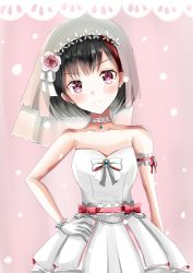 Rule 34 | 1girl, absurdres, armband, bad id, bad pixiv id, bang dream!, bare shoulders, black hair, blush, bow, bridal veil, bride, collar, collarbone, commentary, dress, earrings, eyelashes, gloves, hand on own hip, highres, jewelry, looking at viewer, mitake ran, mofumofu 122, multicolored hair, pink background, purple eyes, red hair, red ribbon, ribbon, short hair, solo, strapless, strapless dress, streaked hair, veil, wedding dress, white armband, white bow, white collar, white dress, white gloves